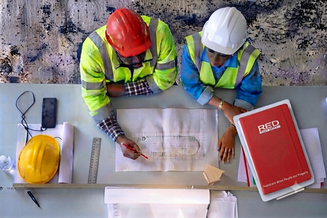 Developers reviewing site plans and a building model during a feasibility study