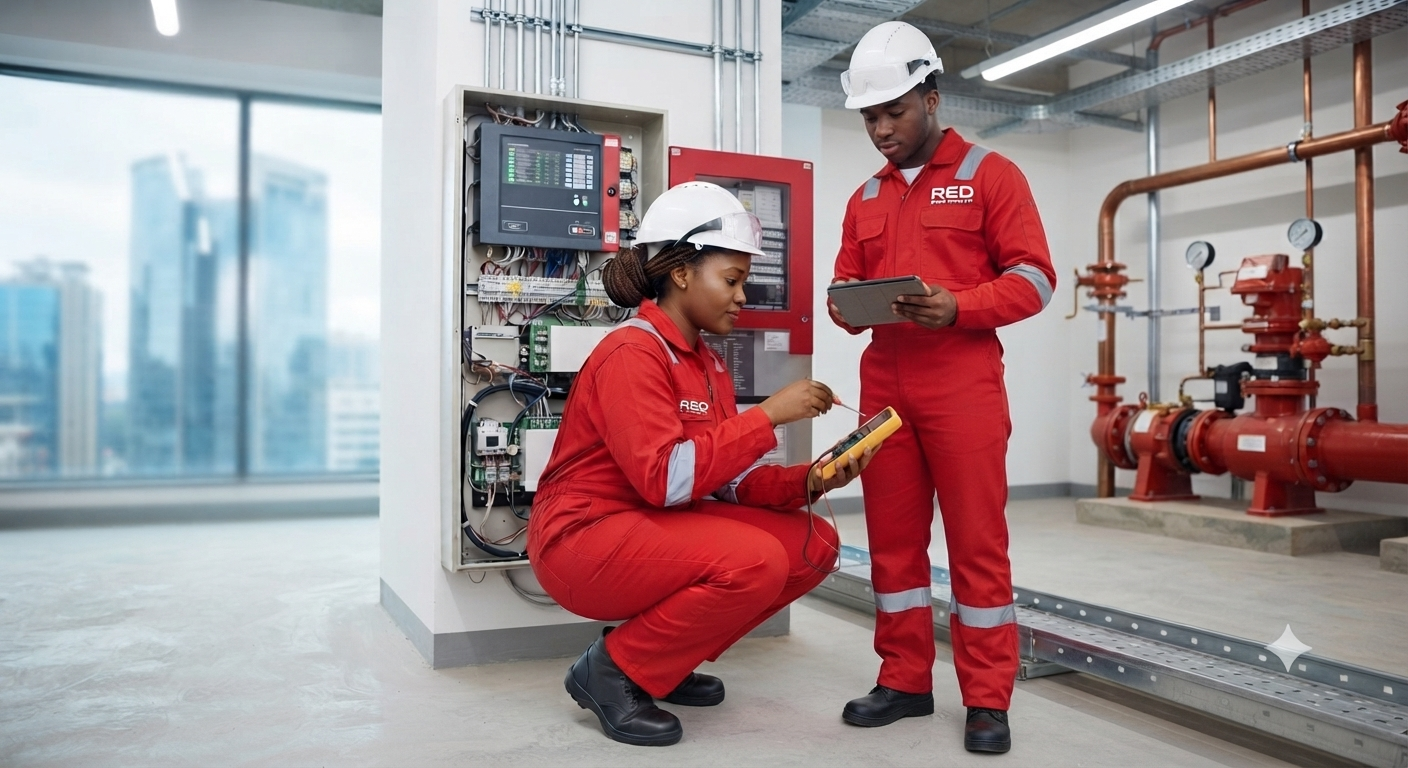 Facilities management team inspecting critical electrical installation in a commercial building in Nairobi
