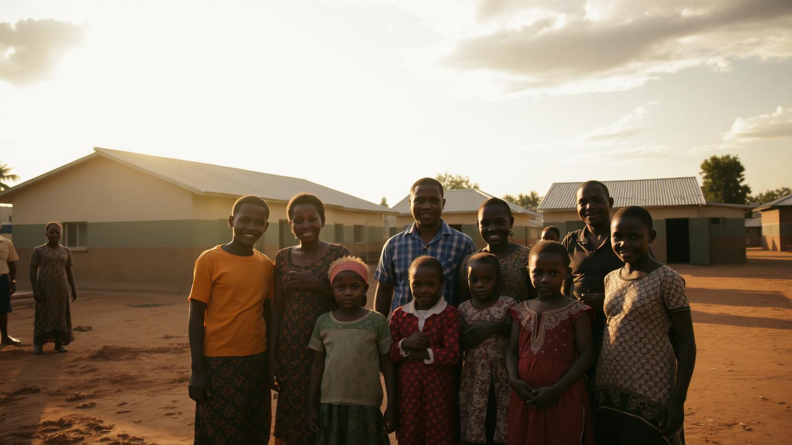 Families outside a community housing and school project supported by the Red Roof Foundation