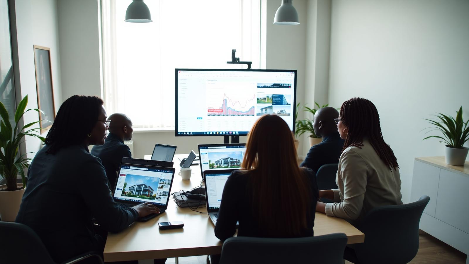 Marketing team reviewing property listing campaign performance