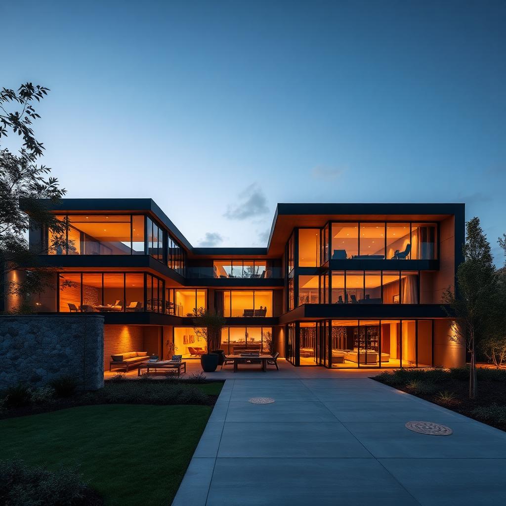 Modern luxury villa at dusk
