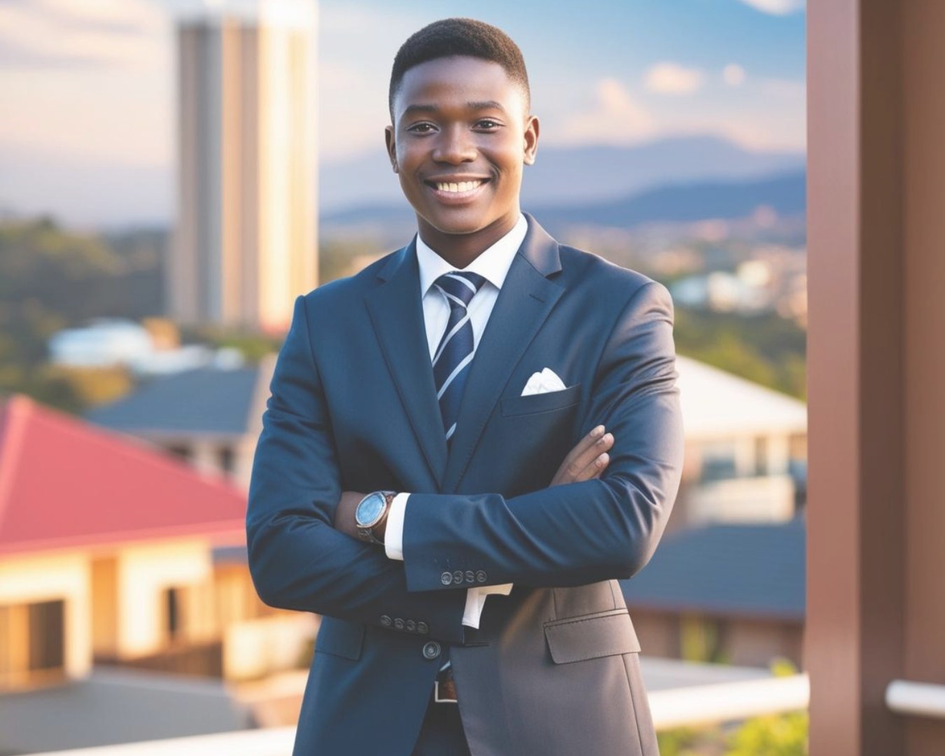 Red Roof Realty consultant outside a modern office