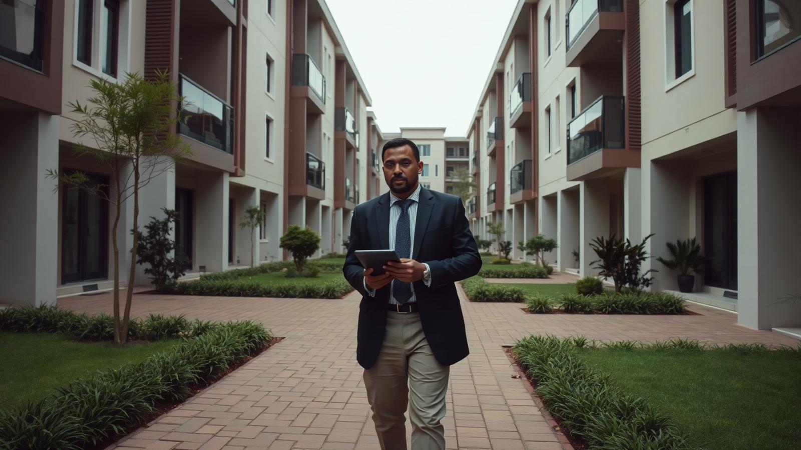 Property manager walking through a managed residential estate in Nairobi